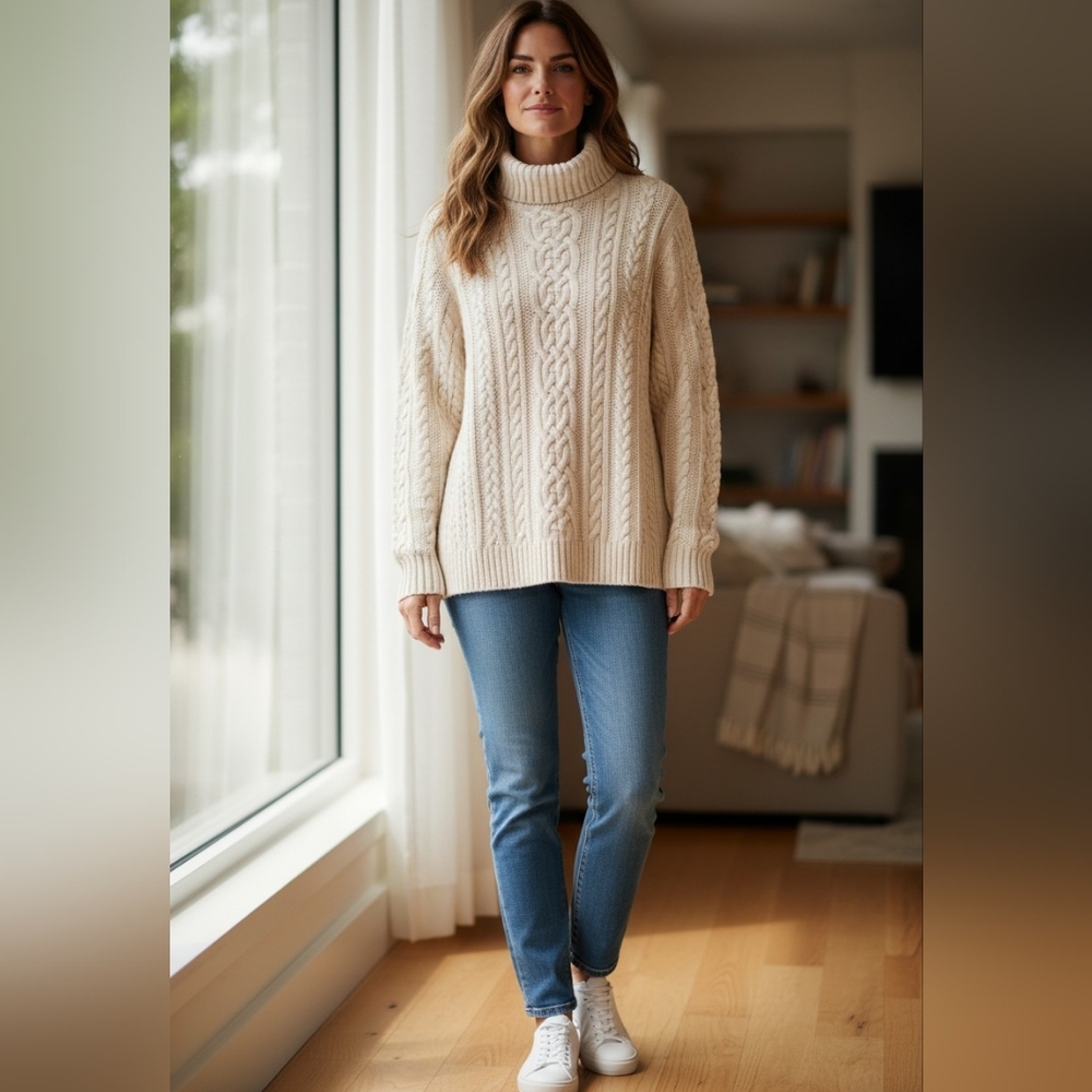 Croft & Barrow Beige Cable‎ Knit Turtleneck Sweater Size Med Ski Resort Coastal